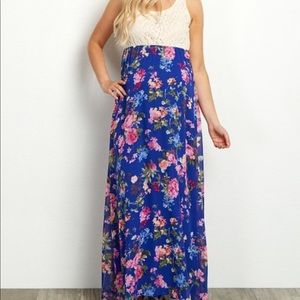 PinkBlush Blue Floral Crochet-Top Maternity Dress